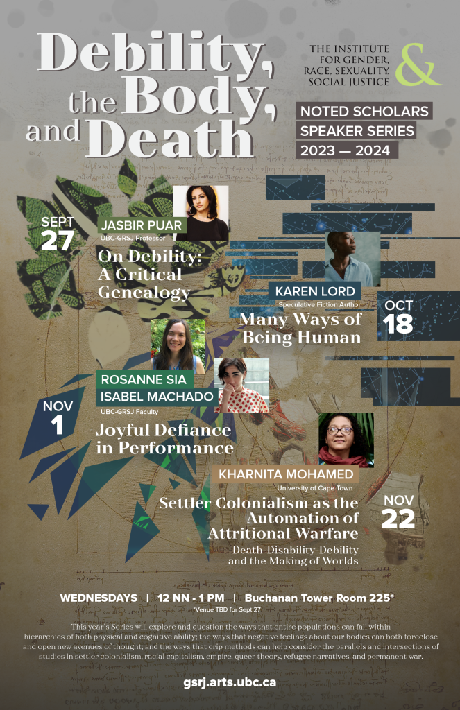 Poster with earthy tones announcing Jasbir Puar, Karen Lord, Rosanne Sia, Isabel Machado, and Kharnita Mohamed as speakers for GRSJ's Noted Scholar's Series